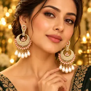 Kundan Chandbali Earrings for Women with Pink Stone Detailing & Pearl Drops – Traditional Indian Ethnic Statement Earrings for Weddings, Parties & Festive Wear