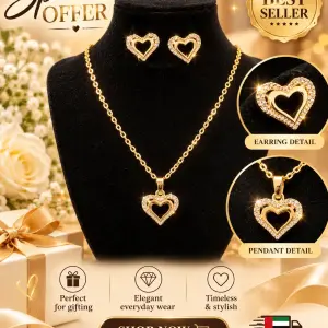 Women’s Heart Pendant Necklace & 2 Pcs Earrings Jewelry Set – Gold-Tone Heart Design with Sparkling Stone Detailing – Elegant 2-Piece Jewellery Set for Daily Wear, Parties & Gifting