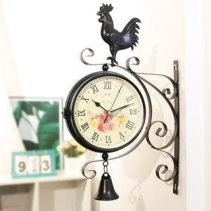 Vintage Black Metal Wall Clock – Rooster & Bell Design