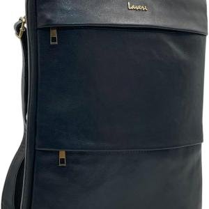 Laveri Convertible Laptop Messenger Bag, Navy Blue Leather, Top Handle, Adjustable Shoulder Strap, Multiple Compartments