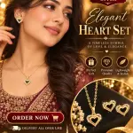Women’s Heart Pendant Necklace & 2 Pcs Earrings Jewelry Set – Gold-Tone Heart Design with Sparkling Stone Detailing – Elegant 2-Piece Jewellery Set for Daily Wear, Parties & Gifting