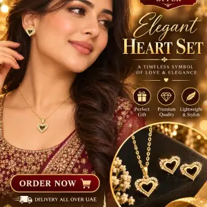 Women’s Heart Pendant Necklace & 2 Pcs Earrings Jewelry Set – Gold-Tone Heart Design with Sparkling Stone Detailing – Elegant 2-Piece Jewellery Set for Daily Wear, Parties & Gifting