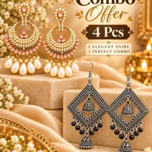 4 PCS Combo of Oxidized Silver Geometric Jhumka & Kundan Chandbali Earrings for Women – Traditional Indian Ethnic Statement Jewelry with Hanging Beads & Pink Stone Detailing