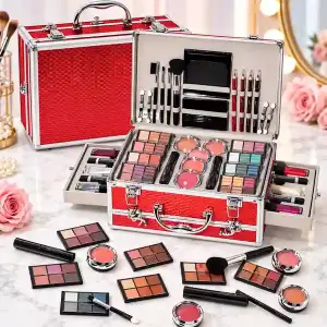 Professional Makeup Kit with Aluminum Carry Case | All-in-One Cosmetic Set with Eyeshadow, Lip Colors, Face Makeup, Brushes & Mirror