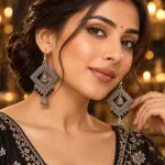 Oxidized Silver Geometric Jhumka Earrings with Intricate Diamond Frame & Hanging Beads – Traditional Indian Ethnic Jewelry for Women