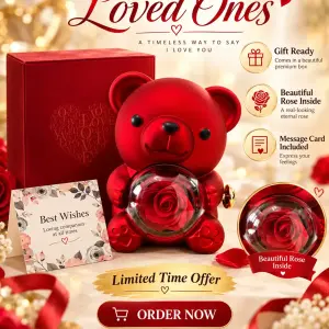 Mikasol Romantic Red Teddy Bear Gift Box with Real-Looking Rose & Message Card – Valentine’s Day, Anniversary & Birthday Gift for Her