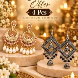 4 PCS Combo of Oxidized Silver Geometric Jhumka & Kundan Chandbali Earrings for Women – Traditional Indian Ethnic Statement Jewelry with Hanging Beads & Pink Stone Detailing