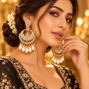 Kundan Chandbali Earrings for Women with Pink Stone Detailing & Pearl Drops – Traditional Indian Ethnic Statement Earrings for Weddings, Parties & Festive Wear