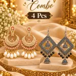 4 PCS Combo of Oxidized Silver Geometric Jhumka & Kundan Chandbali Earrings for Women – Traditional Indian Ethnic Statement Jewelry with Hanging Beads & Pink Stone Detailing