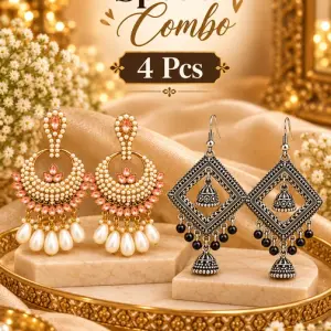 4 PCS Combo of Oxidized Silver Geometric Jhumka & Kundan Chandbali Earrings for Women – Traditional Indian Ethnic Statement Jewelry with Hanging Beads & Pink Stone Detailing