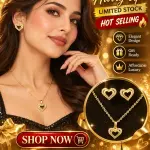 Women’s Heart Pendant Necklace & 2 Pcs Earrings Jewelry Set – Gold-Tone Heart Design with Sparkling Stone Detailing – Elegant 2-Piece Jewellery Set for Daily Wear, Parties & Gifting