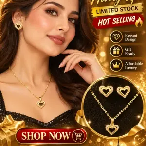 Women’s Heart Pendant Necklace & 2 Pcs Earrings Jewelry Set – Gold-Tone Heart Design with Sparkling Stone Detailing – Elegant 2-Piece Jewellery Set for Daily Wear, Parties & Gifting