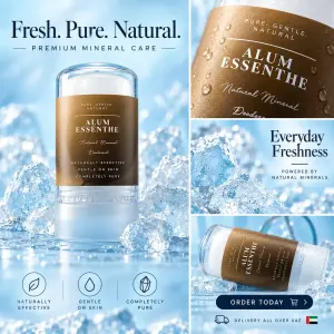 Alum Essenthe Crystal Roll-On Stick – Natural 100% Alum Mineral Deodorant – Fragrance-Free, Alcohol-Free, Gentle Daily Odour Control for Men & Women