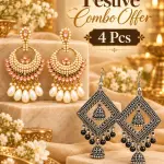 4 PCS Combo of Oxidized Silver Geometric Jhumka & Kundan Chandbali Earrings for Women – Traditional Indian Ethnic Statement Jewelry with Hanging Beads & Pink Stone Detailing