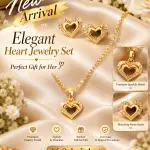 Women’s Heart Pendant Necklace & 2 Pcs Earrings Jewelry Set – Gold-Tone Heart Design with Sparkling Stone Detailing – Elegant 2-Piece Jewellery Set for Daily Wear, Parties & Gifting