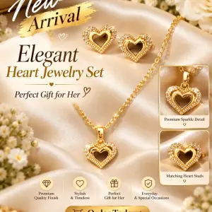 Women’s Heart Pendant Necklace & 2 Pcs Earrings Jewelry Set – Gold-Tone Heart Design with Sparkling Stone Detailing – Elegant 2-Piece Jewellery Set for Daily Wear, Parties & Gifting