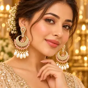 Kundan Chandbali Earrings for Women with Pink Stone Detailing & Pearl Drops – Traditional Indian Ethnic Statement Earrings for Weddings, Parties & Festive Wear