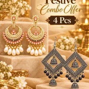 4 PCS Combo of Oxidized Silver Geometric Jhumka & Kundan Chandbali Earrings for Women – Traditional Indian Ethnic Statement Jewelry with Hanging Beads & Pink Stone Detailing
