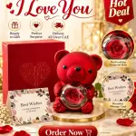 Mikasol Romantic Red Teddy Bear Gift Box with Real-Looking Rose & Message Card – Valentine’s Day, Anniversary & Birthday Gift for Her