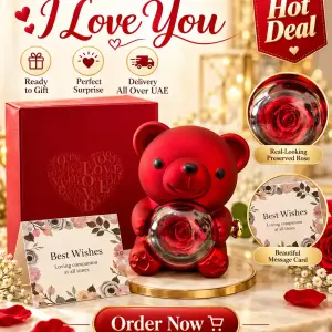 Mikasol Romantic Red Teddy Bear Gift Box with Real-Looking Rose & Message Card – Valentine’s Day, Anniversary & Birthday Gift for Her