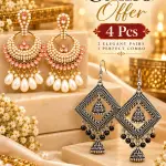 4 PCS Combo of Oxidized Silver Geometric Jhumka & Kundan Chandbali Earrings for Women – Traditional Indian Ethnic Statement Jewelry with Hanging Beads & Pink Stone Detailing