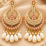 Kundan Chandbali Earrings for Women with Pink Stone Detailing & Pearl Drops – Traditional Indian Ethnic Statement Earrings for Weddings, Parties & Festive Wear