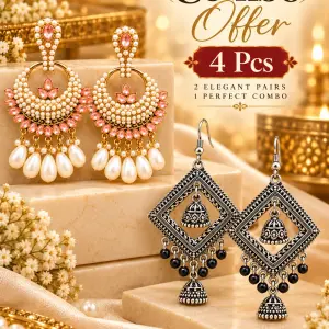 4 PCS Combo of Oxidized Silver Geometric Jhumka & Kundan Chandbali Earrings for Women – Traditional Indian Ethnic Statement Jewelry with Hanging Beads & Pink Stone Detailing