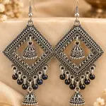 Oxidized Silver Geometric Jhumka Earrings with Intricate Diamond Frame & Hanging Beads – Traditional Indian Ethnic Jewelry for Women