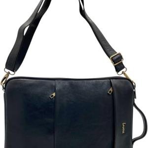 Laveri Convertible Laptop Messenger Bag, Navy Blue Leather, Top Handle, Adjustable Shoulder Strap, Multiple Compartments