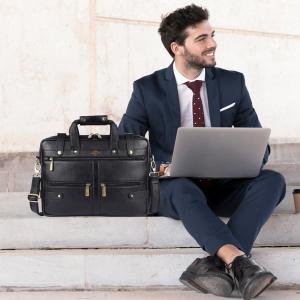 LAVERI® Genuine Leather Laptop Bag Men Women upto 15.6inch Cow Hide Office Briefcase Business Cross Body Messenger Bag IPad Macbook Adjustable Shoulder Strap Premium 1 Year Warranty #2872