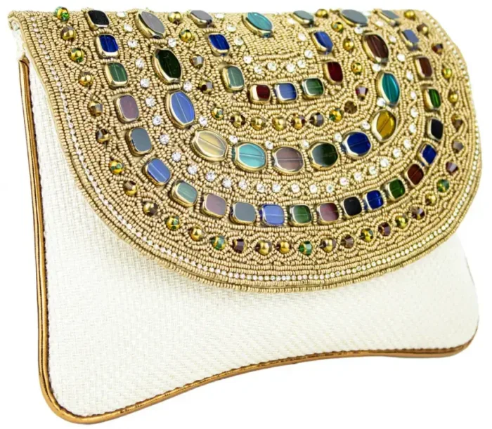 White Round Shape Multi-Stones Ladies Clutch Bag - Image 1