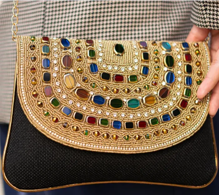 Black Round Shape Multi-Stones Ladies Clutch Bag - Image 4